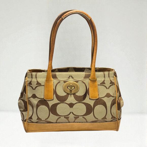 COACH Hamptons Medium Madeline Satchel Handbag Brown Monogram Leather Trim - Picture 1 of 15